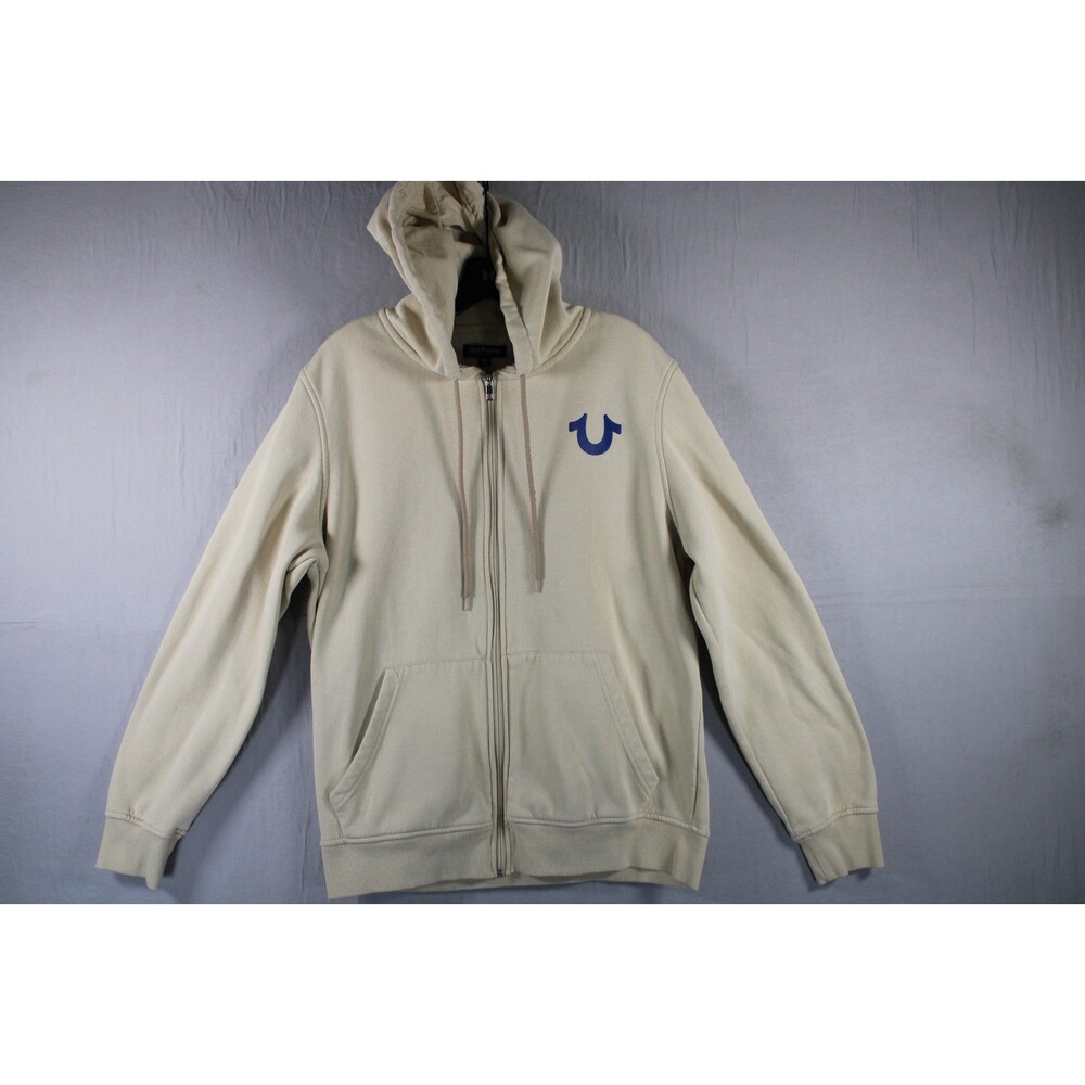True Religion Buddha Zip Hoodie Cream Men's L Large Full Zip Graphic Sweatshirt